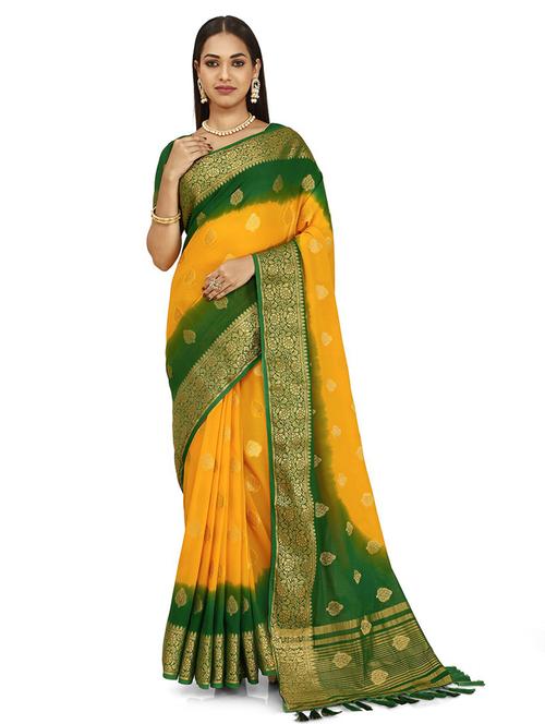 yellow woven self design saree with blouse - 19516542 - Very Small Image - 1