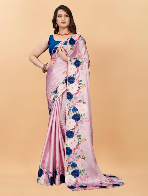 pink satin printed woven saree with blouse - 19516945 - Very Small Image - 1