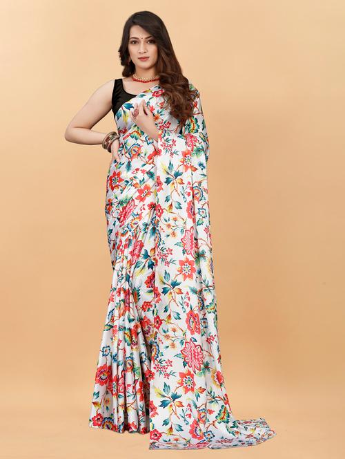 white satin printed woven saree with blouse - 19516951 - Very Small Image - 1