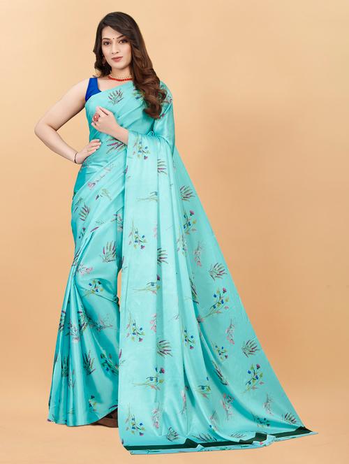 blue satin printed woven saree with blouse - 19516953 - Very Small Image - 1