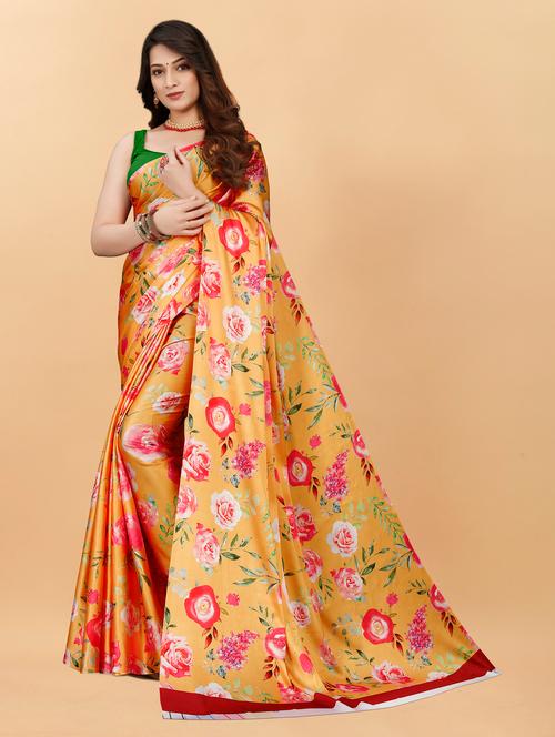 orange satin printed woven saree with blouse - 19516955 - Very Small Image - 1