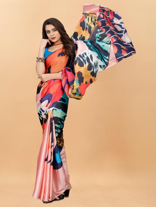 multi colored satin printed woven saree with blouse - 19516961 - Very Small Image - 1