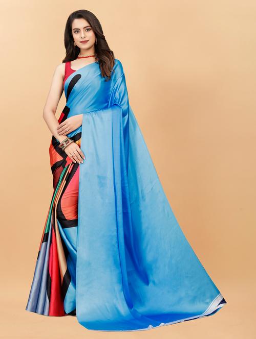 blue satin printed woven saree with blouse - 19516972 - Very Small Image - 1