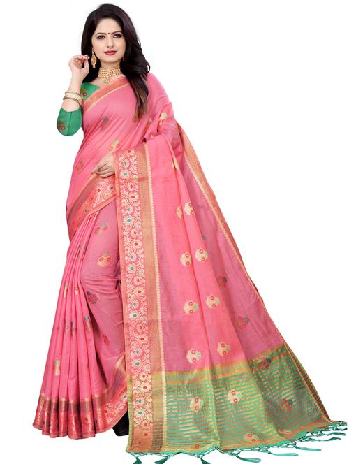 pink cotton blend woven printed saree with blouse - 19517910 - Very Small Image - 1