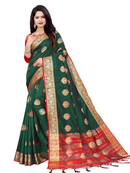 green cotton blend woven printed saree with blouse - 19517944 - Very Small Image - 1