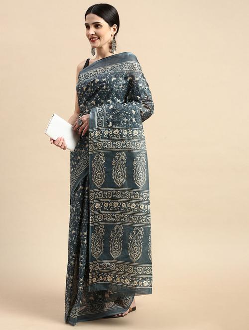 women's floral charcoal colored saree - 19518052 - Very Small Image - 1