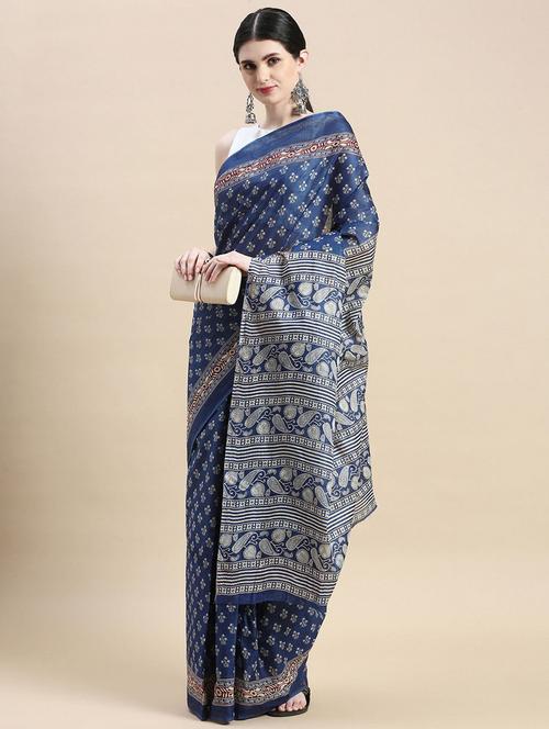 blue cotton printed saree - 19518061 - Very Small Image - 1