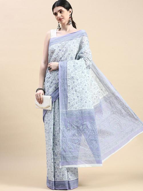 sky blue cotton printed saree - 19518130 - Very Small Image - 1