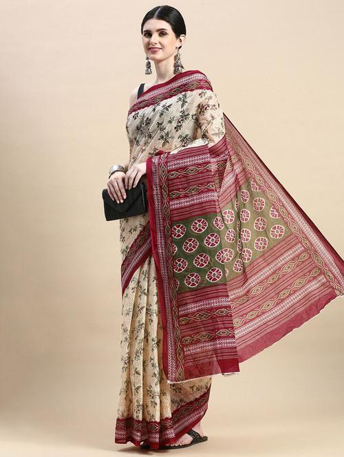 women's floral beige colored saree - 19518246 - Very Small Image - 1