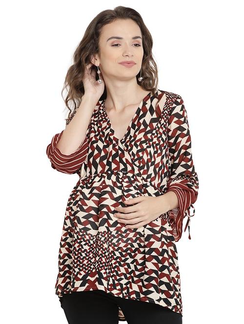 beige rayon chevron print a line top - 19518312 - Very Small Image - 1