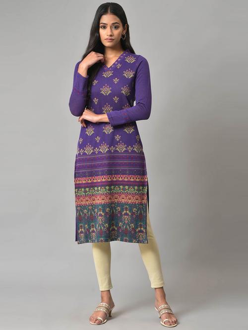 v-neck printed straight kurta - 19528221 - Very Small Image - 1