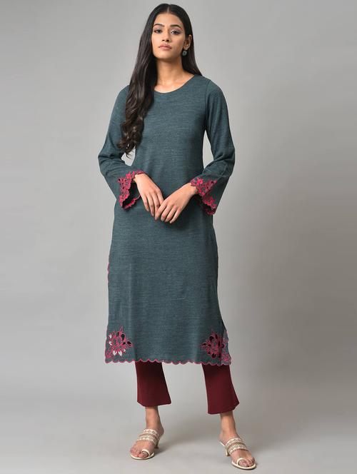 boat neck embroidered straight kurta - 19528227 - Very Small Image - 1