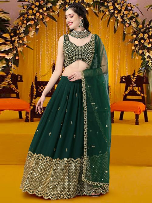 green unstitched flared lehenga - 19528998 - Very Small Image - 1