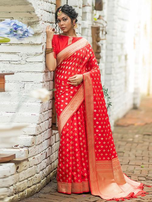 red silk foil print woven saree with blouse - 19529088 - Very Small Image - 1