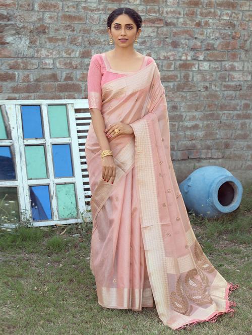 pink self design woven saree with blouse - 19529093 - Very Small Image - 1