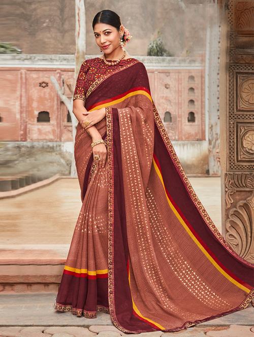 brown printed saree with blouse - 19529105 - Very Small Image - 1