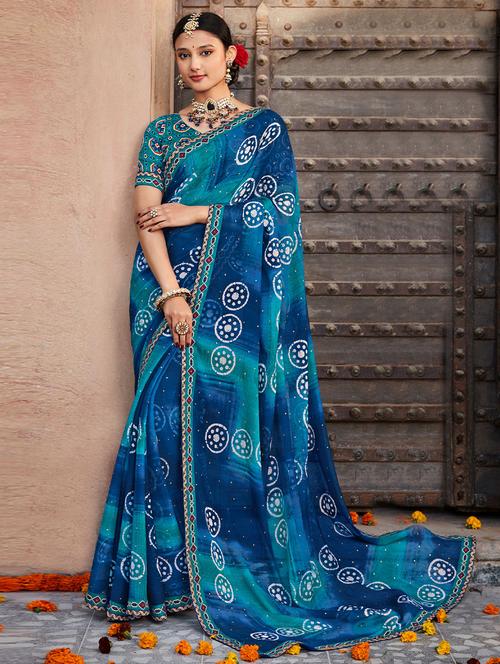 blue georgette woven printed saree with blouse - 19529128 - Very Small Image - 1
