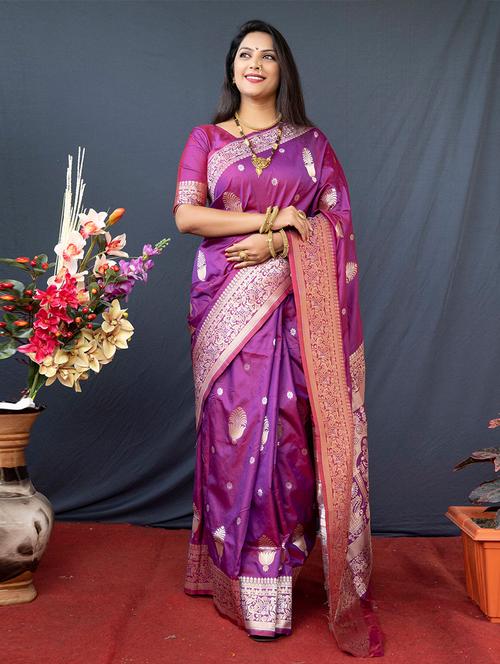purple self design woven saree with blouse - 19529140 - Very Small Image - 1