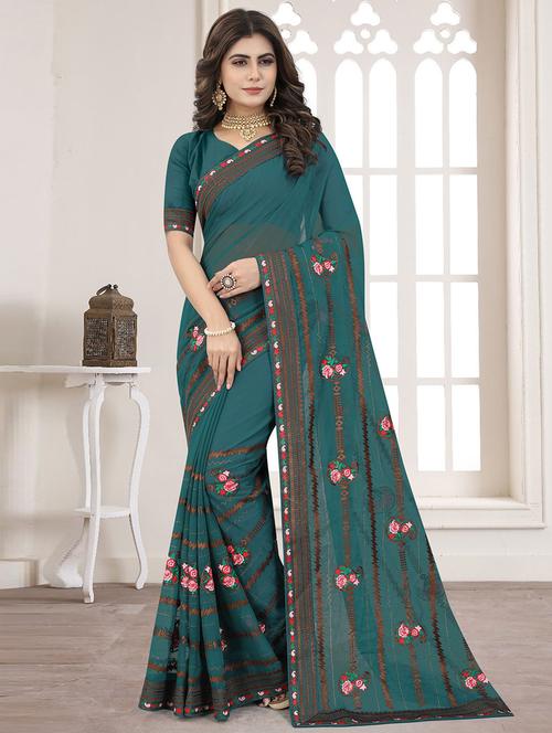 teal silk printed woven saree with blouse - 19529153 - Very Small Image - 1