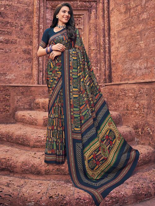 blue printed saree with blouse - 19529172 - Very Small Image - 1