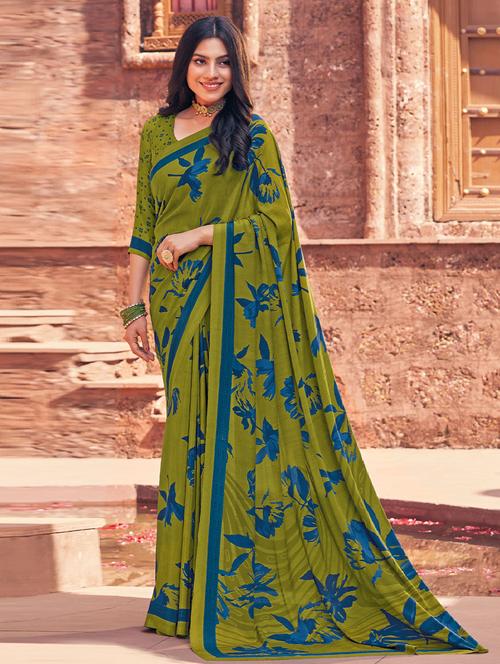 green printed saree with blouse - 19529175 - Very Small Image - 1