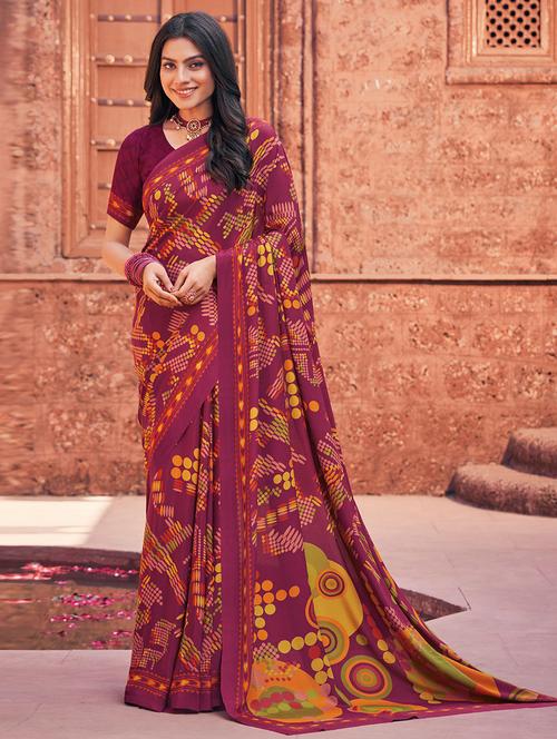 maroon crepe woven printed saree - 19529176 - Very Small Image - 1