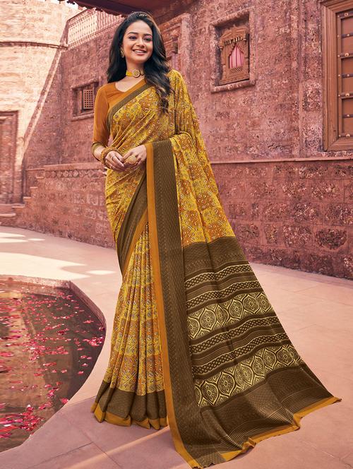 mustard printed saree with blouse - 19529178 - Very Small Image - 1