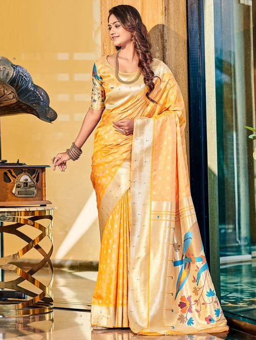 yellow self design woven saree with blouse - 19529195 - Very Small Image - 1