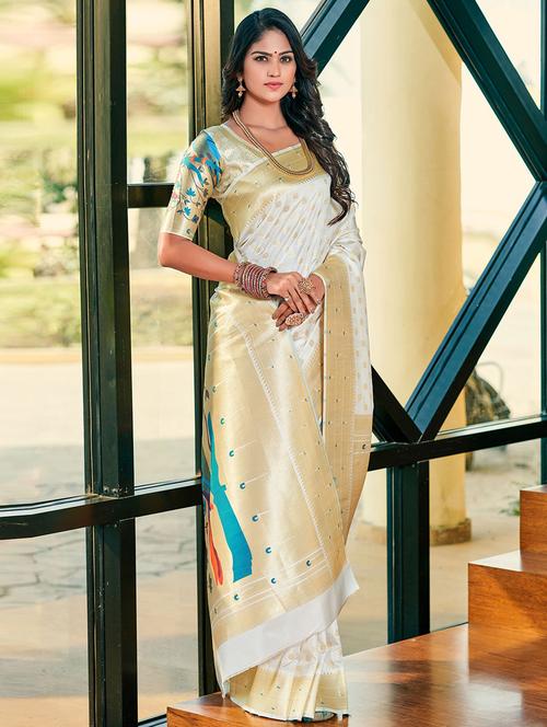white self design woven saree with blouse - 19529199 - Very Small Image - 1