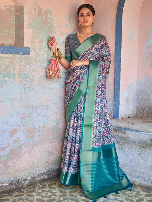 contrast bordered woven saree with blouse - 19529410 - Very Small Image - 1