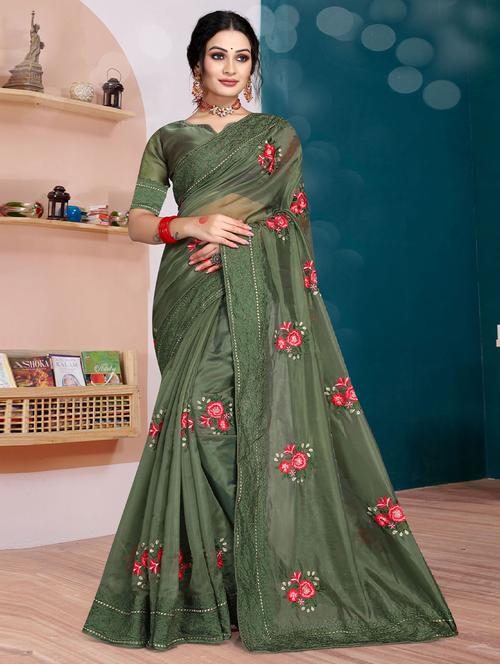 contrast bordered embroidered saree with blouse - 19529421 - Very Small Image - 1