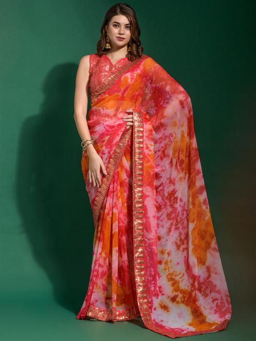 lace bordered tie-dyed saree with blouse - 19529588 - Very Small Image - 1