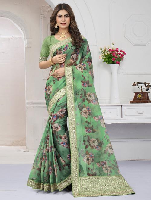 lace bordered printed saree with blouse - 19529593 - Very Small Image - 1