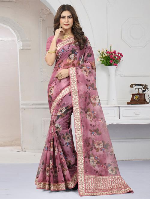 lace bordered printed saree with blouse - 19529595 - Very Small Image - 1