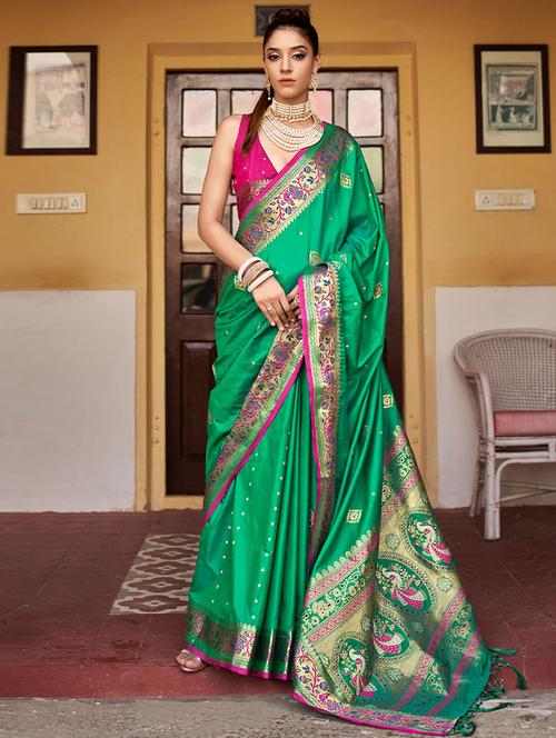 contrast bordered woven saree with blouse - 19529629 - Very Small Image - 1