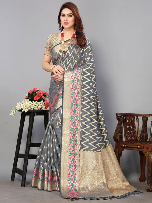 self designed woven saree with blouse - 19529655 - Very Small Image - 1
