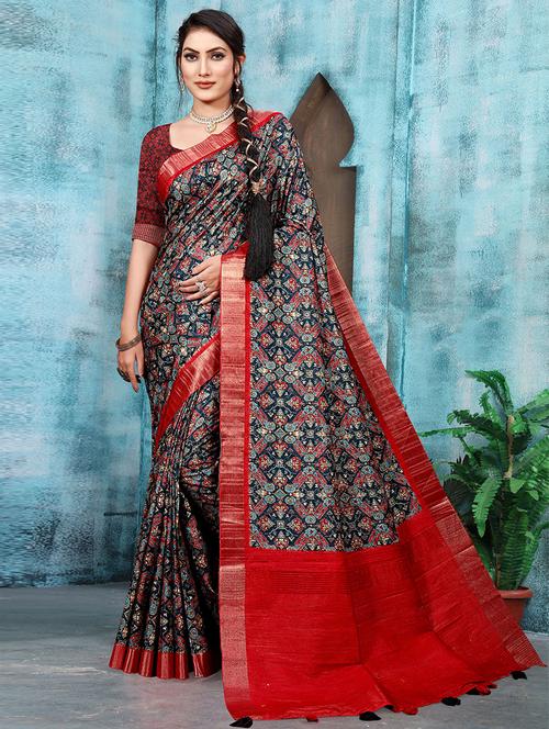 self designed printed saree with blouse - 19529677 - Very Small Image - 1