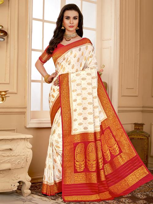 off white self design woven saree with blouse - 19529737 - Very Small Image - 1