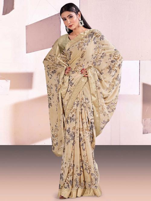 beige printed bordered saree with blouse - 19529748 - Very Small Image - 1