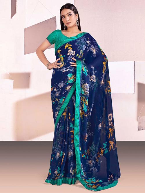 blue printed saree with blouse - 19529749 - Very Small Image - 1