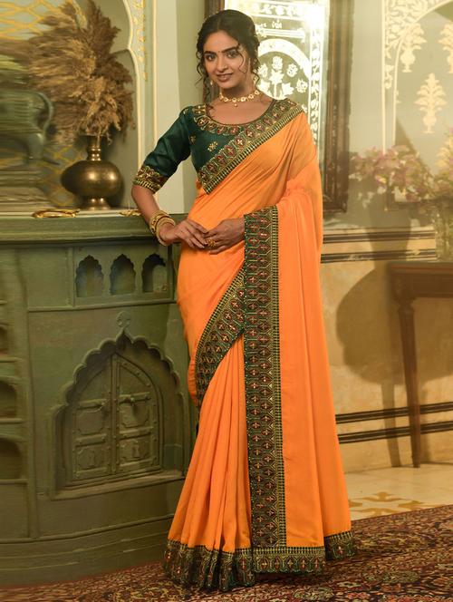 orange silk solid with border saree with blouse - 19529772 - Very Small Image - 1