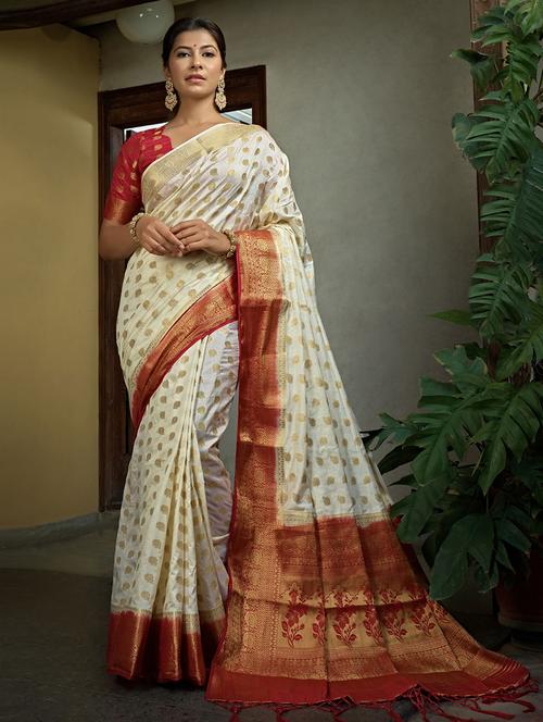 off white self design woven saree with blouse - 19529781 - Very Small Image - 1