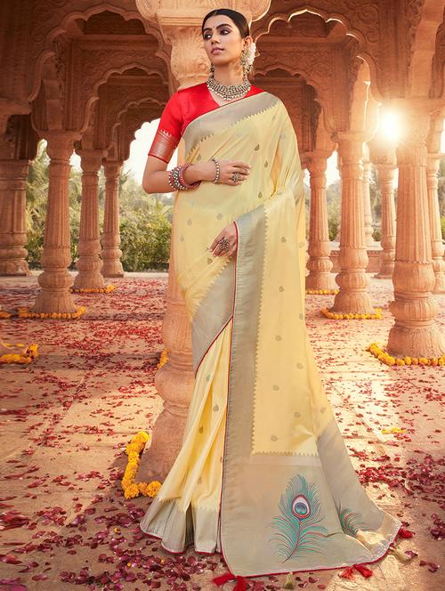 yellow self design woven saree with blouse - 19529795 - Very Small Image - 1