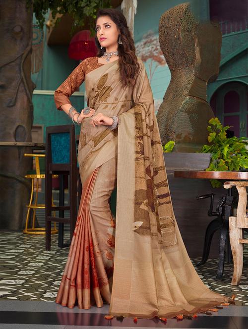 peach self design printed saree with blouse - 19529827 - Very Small Image - 1