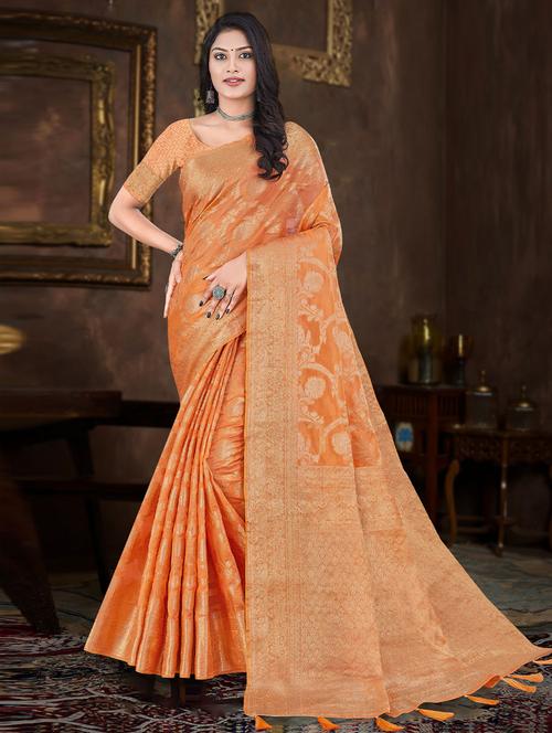 orange self design woven saree with blouse - 19529832 - Very Small Image - 1