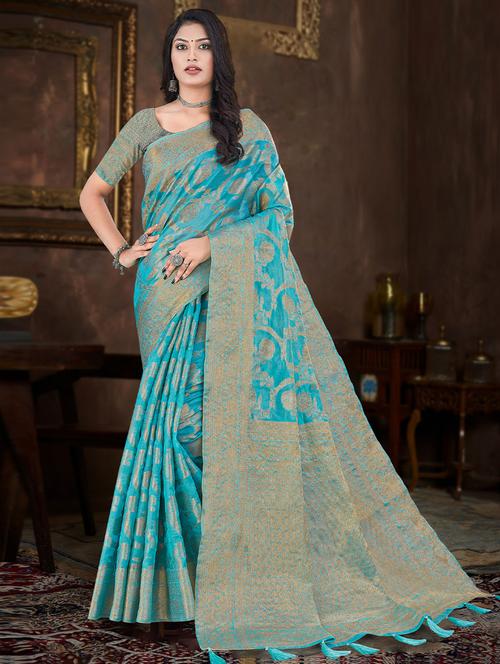 turquoise self design woven saree with blouse - 19529833 - Very Small Image - 1