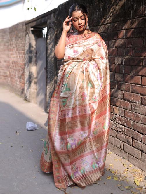 peach self design printed saree with blouse - 19529845 - Very Small Image - 1