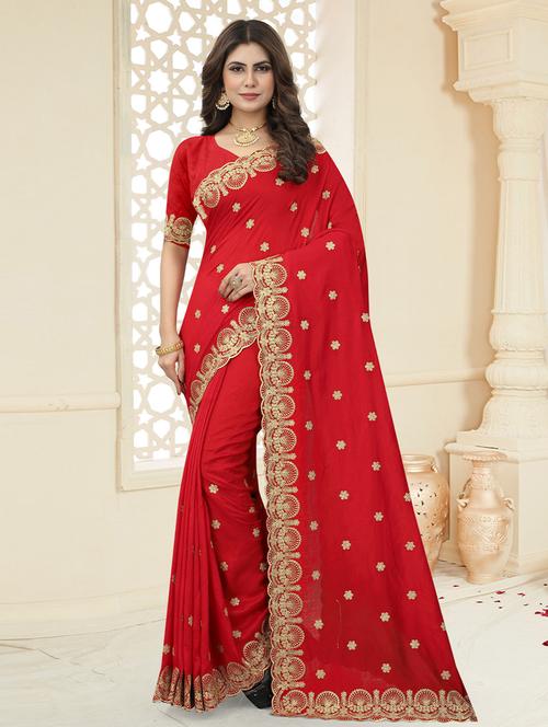 red self design bordered saree with blouse - 19529872 - Very Small Image - 1