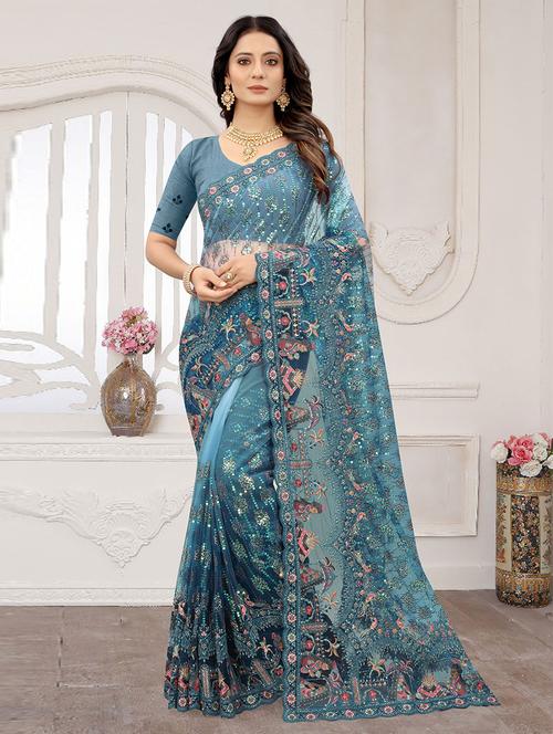 blue self design embroidered saree with blouse - 19529877 - Very Small Image - 1