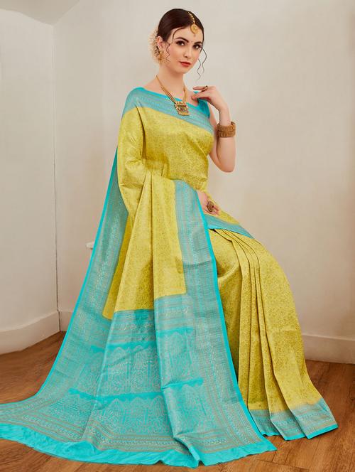 yellow self design woven saree with blouse - 19529884 - Very Small Image - 1